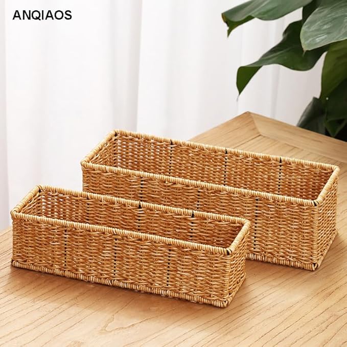 Small Plastic Rattan Baskets for organizing (Set of 2) | Bathroom Basket | Wicker Storage Basket | Toilet Paper Basket | Shelf Baskets | Rustic Style |Water-Resistant and Durable