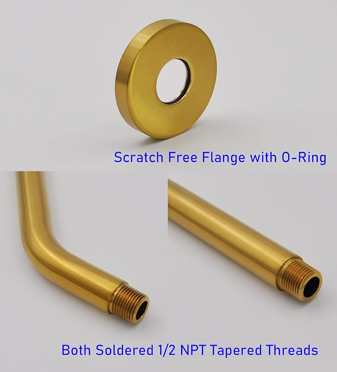 Aquaiaw Shower Arm and O-Ring Flange, 6 inch, Solid Brass, Brushed Gold, Round, Both Soldered 1/2 NPT Tapered Threads, Wall Mount Shower Arm Extension with Escutcheon, for Rain Shower Head Max. 10"
