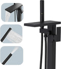Hoimpro Tub Filler Freestanding Bathtub Faucet Matte Black Floor Mount Tub Faucet Waterfall Free Standing Bathtub Filler High Flow Brass Bath Shower Faucets with Handheld Sprayer