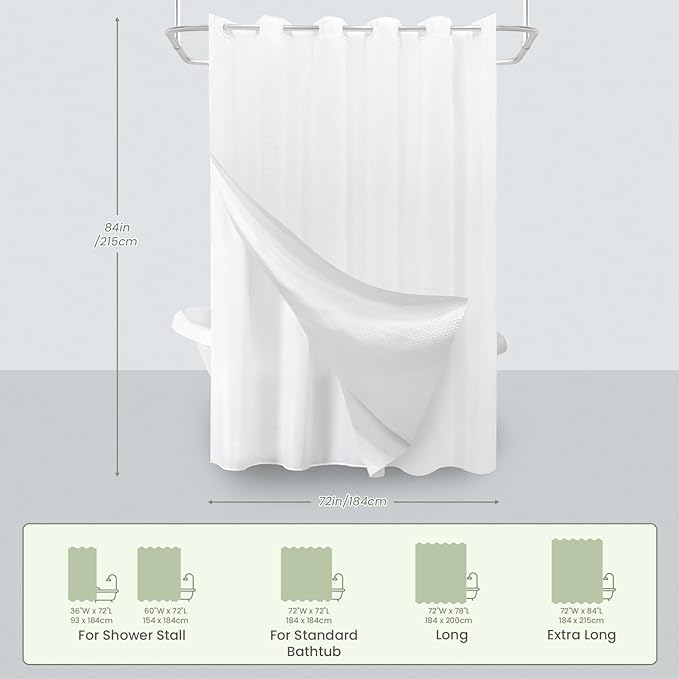 Inhousolu No Hook Waffle Weave Shower Curtain with Removable Snap in Fabric Liner Set for Bathroom, 230 GSM Heavy Duty Weighted Hem, Water Repellent Washable Bath Curtains, 72 x 84 Inch, White