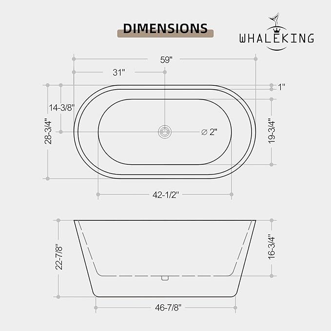 59 inch Freestanding Soaking Bathtub, Modern Stand Alone Free Standing Acrylic Tub with Center Drain & Overflow, Glossy White