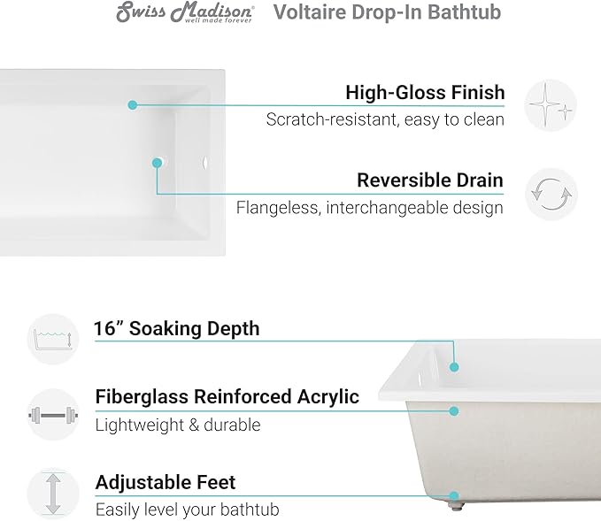 Swiss Madison Well Made Forever SM-DB570, Voltaire 60"x36" Acrylic Drop-in Bathtub, White