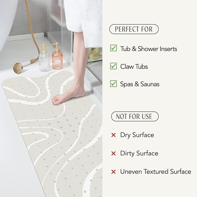 SHUCHING White Minimalist Lines Bath Mat for Tub Non Slip-40 X 16Inch, Bathtub Mat Anti Slip, Extra Long Shower Mat for Bathroom Mold Free, Machine Washable