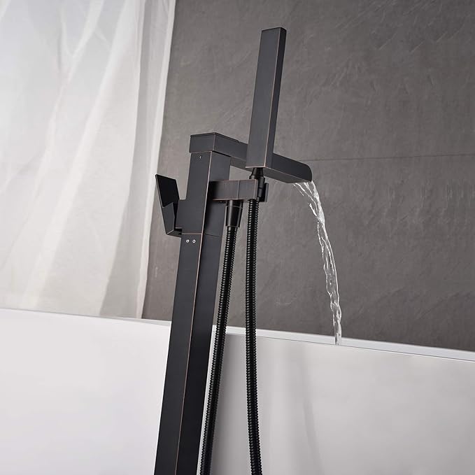 Freestanding Bathtub Faucet Tub Filler Waterfall Single Handle Oil Rubbed Bronze Floor Mounted Faucets with Handheld Shower