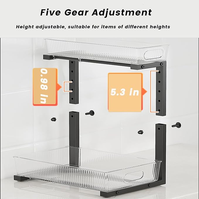 2 Pack Under Sink Organizer, 2 Tier Pull Out Storage Organizer, Slide Out Storage Shelf for Bathroom & Kitchen, Under Cabinet Organizer and Storage with 5 Gears Height Adjustable (Black)