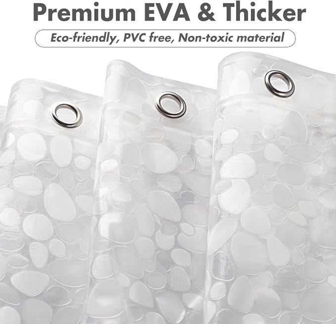 WELTRXE Shower Curtain Liner Waterproof, 8G Thick EVA, Heavy Duty Shower Liner with Magnets, 3D Pebble Bath Curtain for Stall, Bathtubs Bathroom, 72 x 72, 12 Hooks