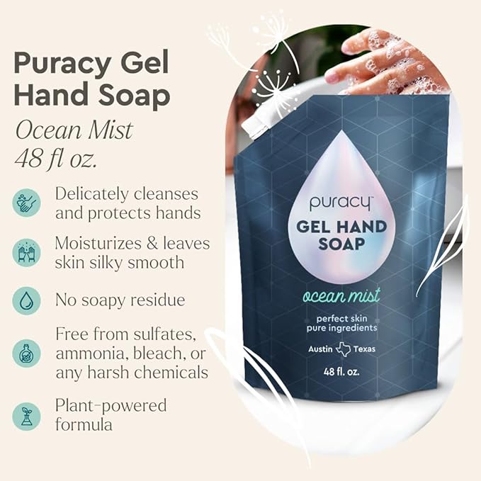 Puracy Organic Hand Soap, For the Professional Hand Washers We've All Become, Moisturizing Natural Gel Hand Wash Soap, Liquid Hand Soap Refills for Soft Skin (48 fl.oz, Ocean Mist) Refill