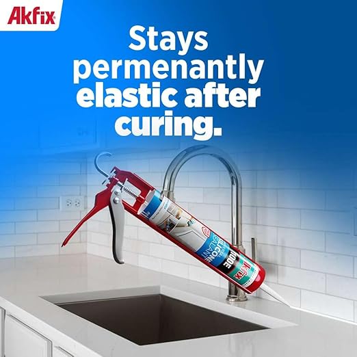 Akfix 100E RTV White Silicone Caulk (12x10.1 fl.oz.) - 100% Waterproof Silicone Sealant for Kitchen and Bathroom, Shower, Toilet, Sink, Window and Door, No Yellowing | White, 12 Pack