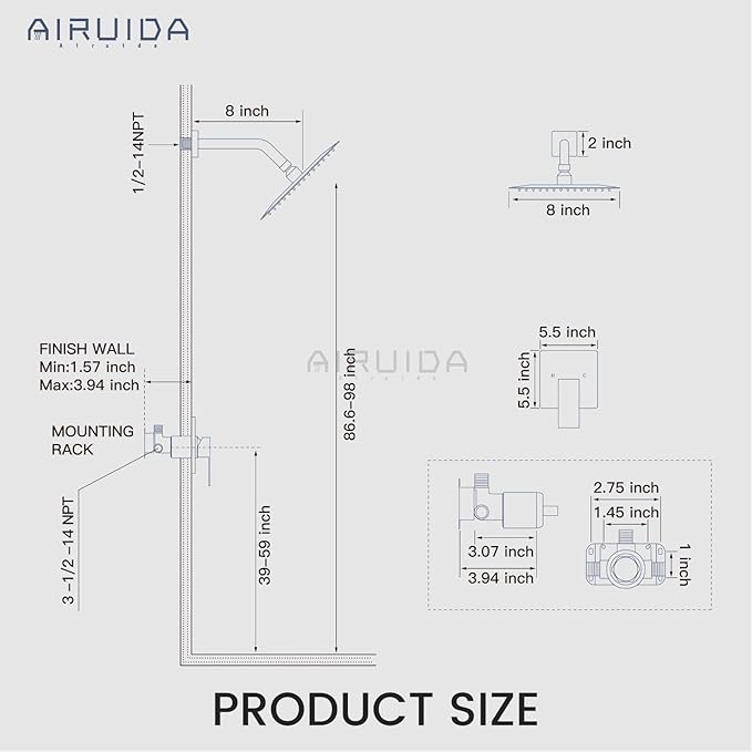 Airuida Shower Faucet Set Bathroom Rain Shower System SUS304 Stainless Steel Single Handle With Male Threads Rough-in Valve Shower Trim Kit 8 Inch Wall Mount Shower Head Brushed Gold