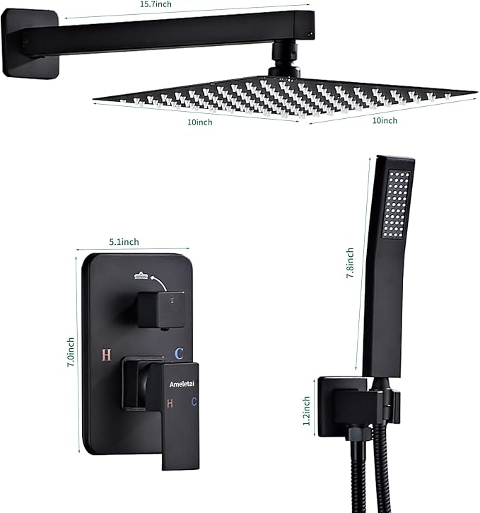 Shower Faucet Set with Brass Durable Trim, 10 Inch Square Rainfall Shower Head, High Pressure Handheld Shower, Easy-Clean Silicone Nozzles, Wall Mounted Black Shower System