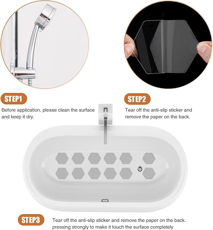 Bathtub Stickers Non-Slip, 12 PCS Hexagon Grey Safety Shower Treads Adhesive Appliques with Premium Scraper
