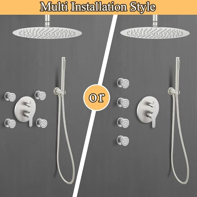 Brushed Nickel Round Shower Faucet Set with Body Jets 12 Inch Shower Head Handheld Shower Combo Set High Pressure Ceiling Mount with Rough-in Valve