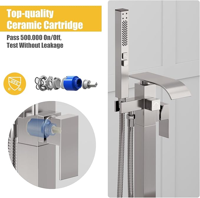 BESy Tub Filler Freestanding Bathtub Faucet Brushed Nickel Floor Mount Tub Faucet Waterfall Free Standing Bathtub Filler High Flow Brass Bath Shower Faucets with Handheld Sprayer
