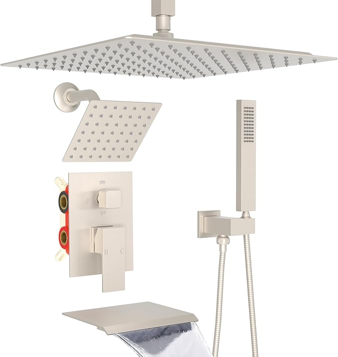 ENGA Dual Shower Head System with Tub Spout, Ceiling Mount 12 Inch Shower Head with 6 Inch Wall Mount Shower Head Shower Faucet Set, Brushed Nickel