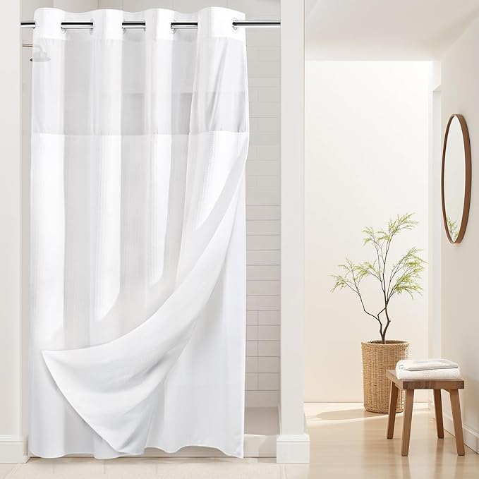 River Dream Stall Heavyweight No Hooks Required Dotted Waffle Weave Shower Curtain with Snap in Liner- 54W x 80H,Hotel Grade,Spa Like Bath Curtain,White