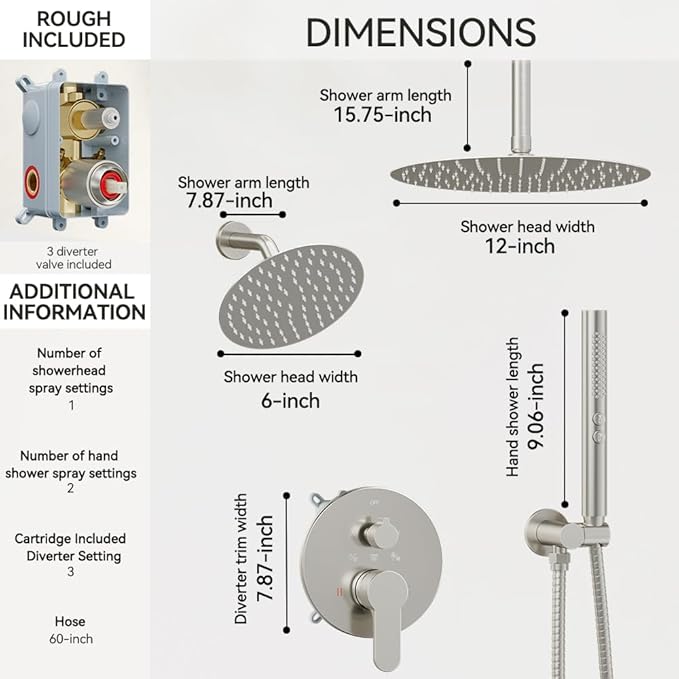 Shower Systems Shower Faucet Sets STARBATH 3 Way 12+6" Round Dual Rainfall Shower Head with Handheld Spray, Ceiling Mounted Rain Shower Valve with 5 Diverter and Trim Kit Complete, Brushed Nickel
