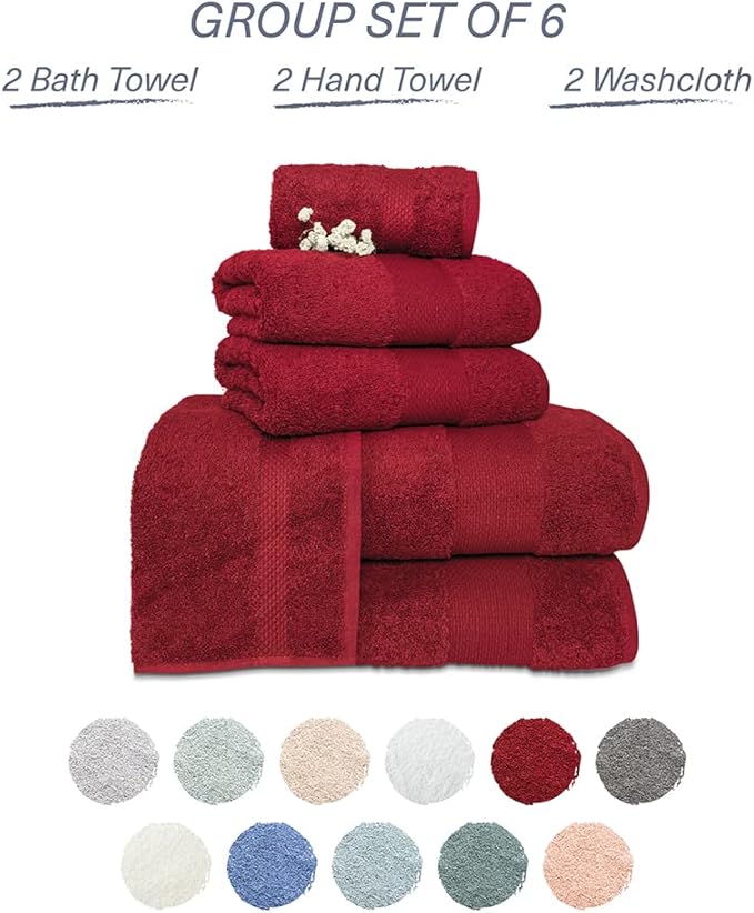 Hencely 6-Piece Bath Towel Set - High Absorbency, Quick Drying - 100% Soft Turkish Cotton - 2 Bath Towels, 2 Hand Towels, 2 Washcloths - for Bathroom, Home, Hotel, Spa, and Gym - 6-Pack Red