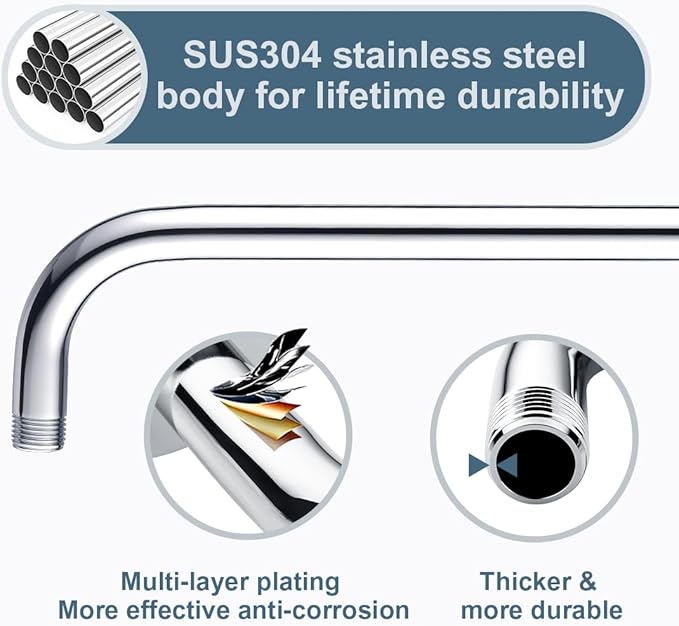 BRIGHT SHOWERS 16-Inch Shower Head Extension Arm with Flange, L Shaped Shower Extender, Extra-Long Stainless Steel Shower Pipe, Chrome
