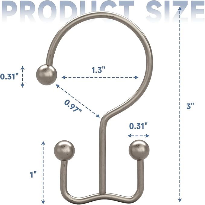 Titanker Shower Curtain Hooks Matte Nickel, Minimalist Simple Double Glide Shower Curtain Rings, Rust Proof Metal Shower Hooks Rings for Bathroom Shower Rods Curtains, Set of 12 Hooks