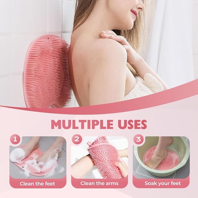 2026 New Silicone Shower Foot Scrubber Mat, Foot Back Cleaning Pad Back Washer Exfoliating Bath Wash Pad, Shower Foot Scrubber Mat with Non-Slip Suction Cups (Pink)