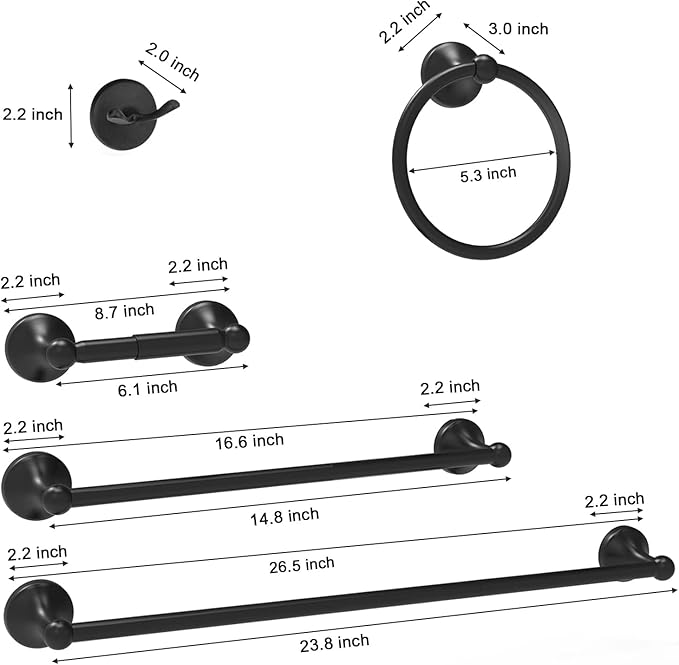 Newfun 8-Pieces 24" Bathroom Hardware Set, Bathroom Accessory Set, Includes 24" Adjustable Bath Towel Bar, Towel Rings Wall Mounted, Toilet Paper Holder, Robe Towel Hooks (Matte Black)