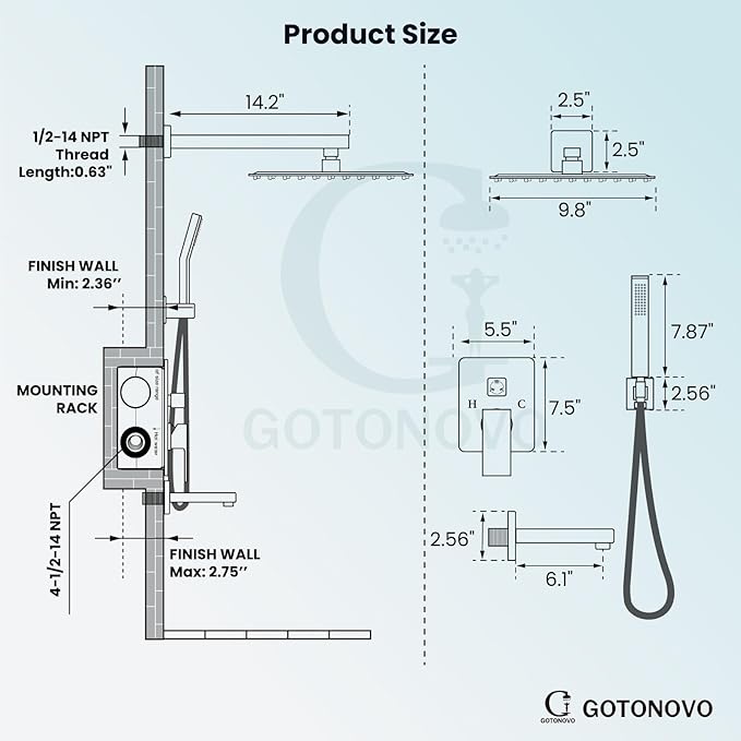 gotonovo Shower System with Tub Spout Wall Mounted Rain Shower Head and Handle Combo Shower Faucet Set with Valve, 10 Inch, Matte Black