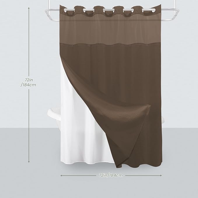 Inhousolu No Hook Shower Curtain with Snap in Fabric Liner Set Waffle Weave 230GSM Weighted Hem, Waterproof & Washable Bathroom Curtain Spa Luxury with Mesh Top Window 72" W x 72" L Brown