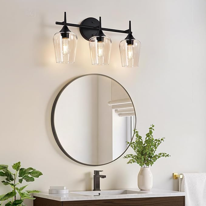 2025 Upgrade 3-Light Bathroom Light Fixtures, Black Vanity Lights for Bathroom with Clear Glass, 19.5 Inch Bathroom Lighting Fixtures Over Mirror, Modern Wall lamp for Cabinet Hallway