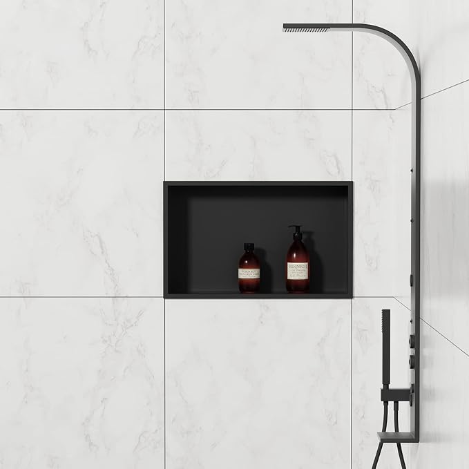 Stainless Steel Shower Niche 20" X 12" Matte Black No Tile Needed Niche Shower Recessed Wall Horizontal Niches for Bathroom Storage Over Mount Installation