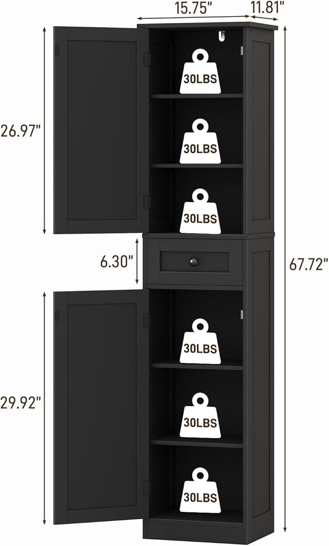 67" H Tall Bathroom Cabinet, Narrow Storage Cabinet with 2 Barn Doors and 1 Drawer, Freestanding Floor Cabinets with 6 Shelves for Bathroom, Living Room, Kitchen, Black