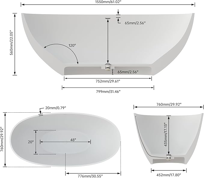 SJ STAR&JANE 61" Solid Surface Freestanding Bathtub, Oval Soaking Tub with Overflow and Pop-up Drain for Bathroom