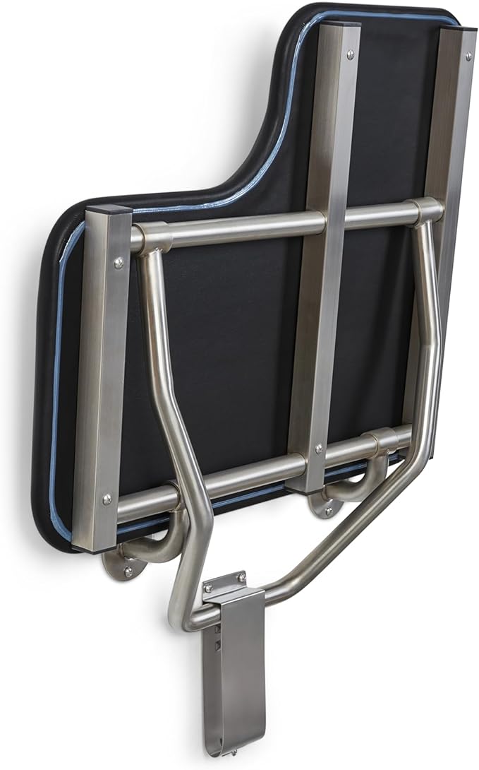 28" x 22.5" Black Padded Cushion Wall Mount Folding Left-Handed Transfer Bench Shower Seat, ADA Compliant