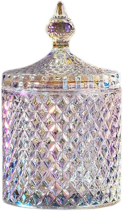 Colorful Home Decorative Jar Qtips Holder Dispenser Glass Storage Container Bathroom Counter Vanity Organizer for Bath Salts/Swabs/Rounds Makeup Sponges Toothpick Jewelry(Sparkling, 20 oz)
