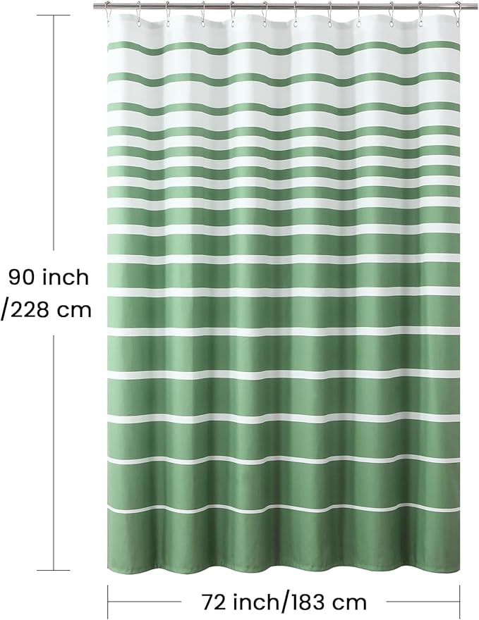 90 Inch Green Shower Curtain, Extra Long Sage Green and White Stripe Waterproof Polyester Shower Curtains for Bathroom, 72x90 Inches