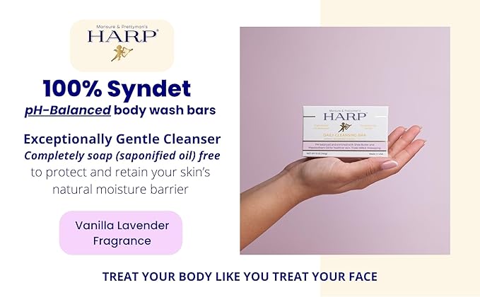 HARP pH-Balanced (5.0-6.0) Body Wash Bar. 100% Syndet. Protects Moisture Barrier For Sensitive, Dry or Irritated skin. + Shea Butter/Borage Oil. Non-Comedogenic. VANILLA LAVENDER FRAGRANCE