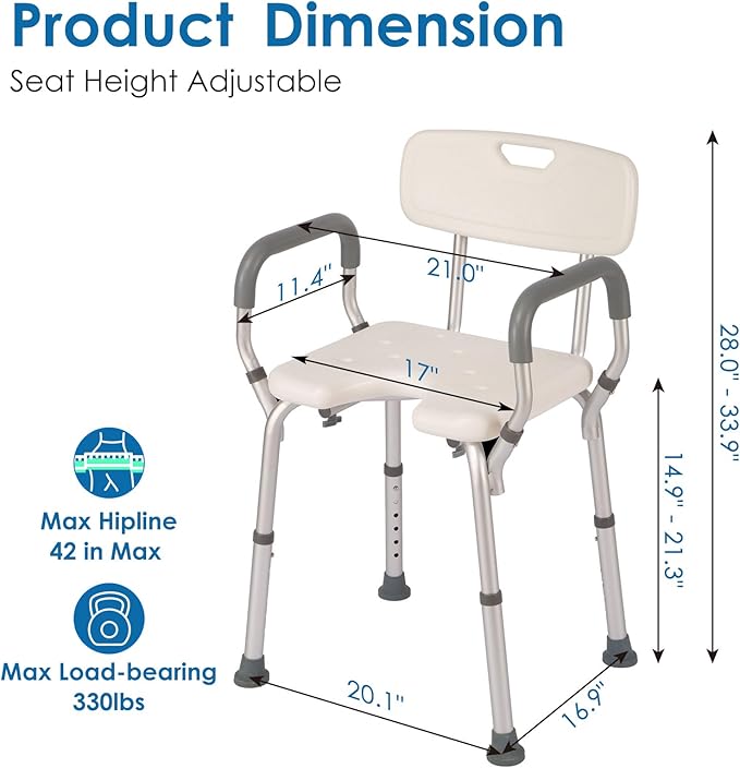 Shower Chair with Arms and Back Heavy Duty 330lbs, Shower Chair for Inside Shower, Shower Seat for Inside Shower Bathroom Chair with Cutout Seat & Cold-Proof Pads, Tools-Free Assembly