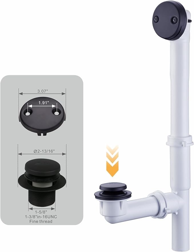 1-1/2" Bathtub Drain Kit Wellup Tubular Tip Toe Bath Waste Drain Kit, Touch-Toe Black Tub Drain Replacement Kit with Tip Toe Drain Stopper, PVC Plastic Pipe Tub Overflow Drain Cover, Matte Black