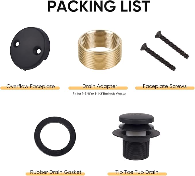 Black Tub Drain Bathtub Drain Conversion Kit with Two-Hole Overflow Faceplate, Minupwell Replacement Tip-Toe Bath Drain Trim Kit with Universal Fine/Coarse Thread Assembly, Matte Black