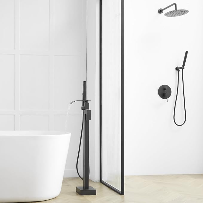 BESy Freestanding Tub Faucet Oil Rubbed Bronze Floor Mounted Tub Filler Faucet Brass Bathroom Tub Faucets with 2 Function Hand Shower