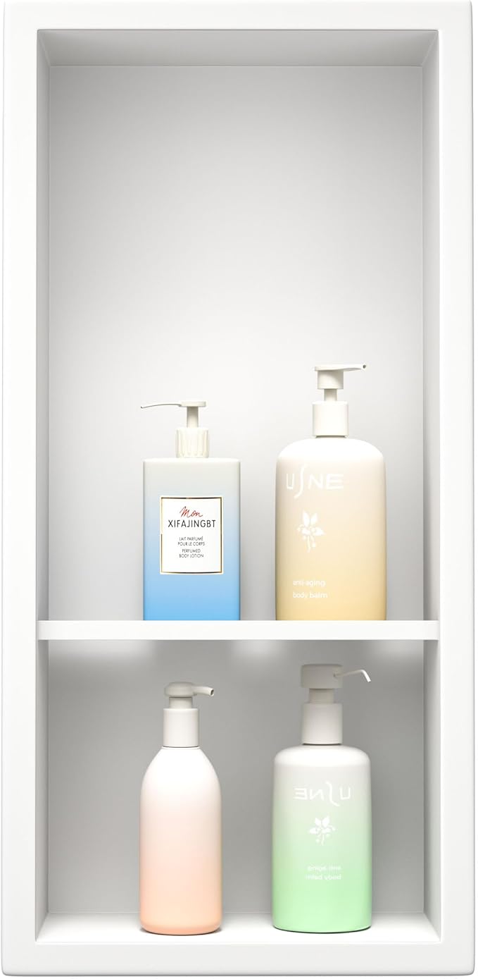Stainless Steel Shower Niche 18"× 8" White Double Shelves No Tiled Need Recessed Niche Shower for Wall Storage Bathroom Niche Shelf Over-Mounted Installation