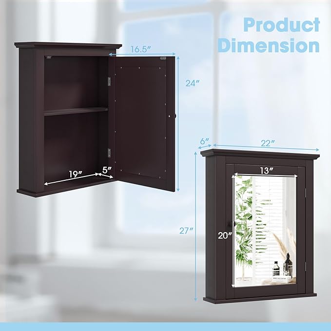 Safeplus Brown Medicine Cabinet with Mirror, Wall Mounted Adjustable Storage for Bathroom, Living Room, Bedroom, Entryway and Kitchen