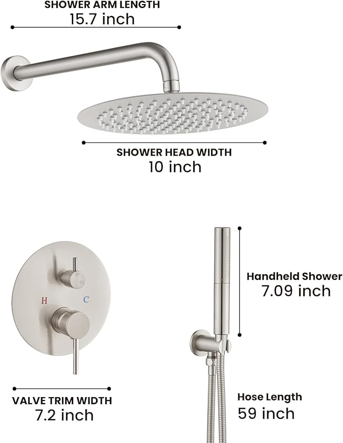 Airuida Shower Fixtures 2 Functions Shower Faucet Set Wall Mounted for Bathroom High Pressure Brass Handheld Shower with Rough-in Valve Round Rainfall 10 Inch Shower Head Brushed Nickel