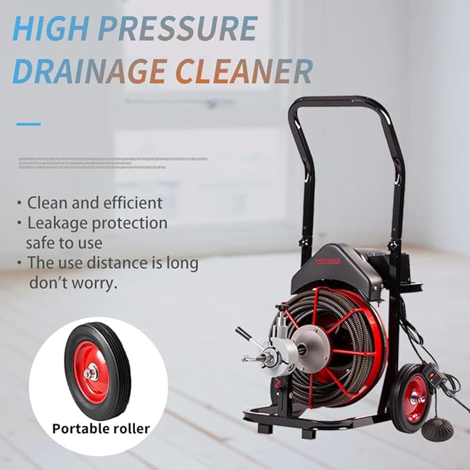 100FT x 1/2 inch Electric Drain Washer, Sewer Spiral Automatic Feed Portable Sewer Snake, Automatic Feed Drain Snake Drill on Wheels with 5 Knives and Air Activated Foot Switch for 4 "to 8" Pipe