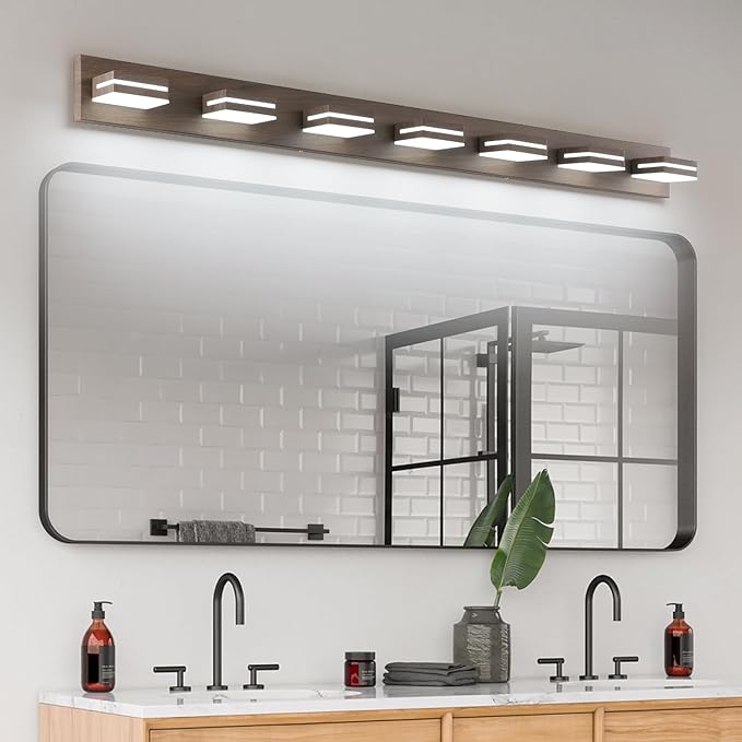 SineRise LED Modern Bathroom Vanity Light Fixtures (7-Light, 55-Inch, Dimmable), Brown Wood Painted Modern Acrylic Bathroom Wall Lighting Fixtures Over Mirror (Cool White 6000K)