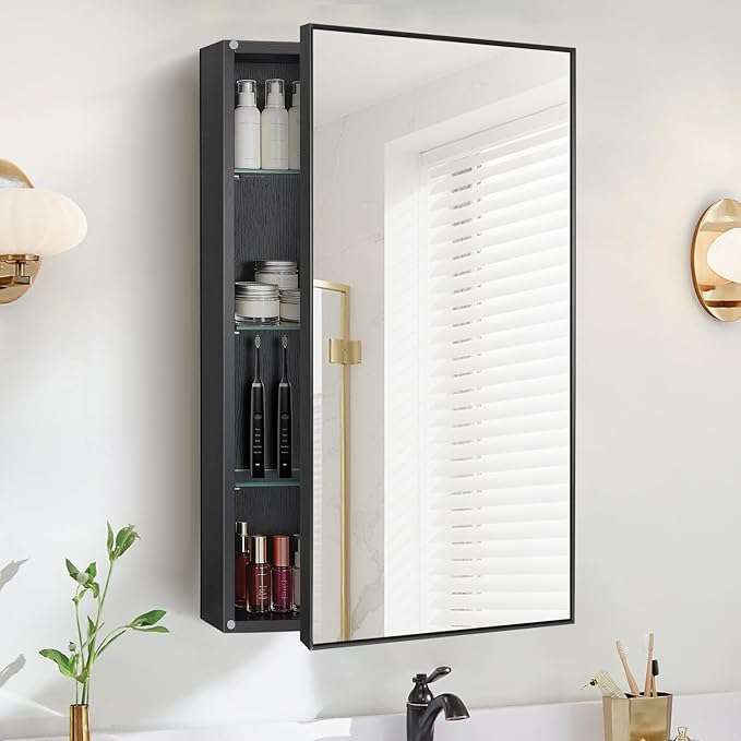 Black Bathroom Medicine Cabinet with Mirror, 17x30 Inch Rectangle Wall-Mounted Bathroom Mirror with Storage & Adjustable Tempered Glass Shelves for Bathroom Vanity, Over Sink