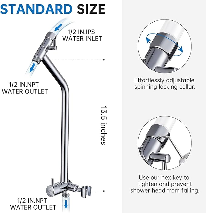 G-Promise All Metal Shower Diverter with Low Holder, Extended 13.5 Inch, 3-Way Diverter Valve with Pause Mode for Handheld and Fixed Shower Heads ∣ 4-Setting Replacement Part (Chrome)