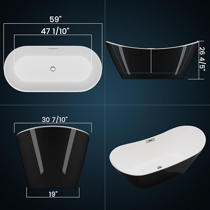 Freestanding Bathtub 59 Inch – Compact Free Standing Bath Tub with Integrated Overflow & Pre-Installed Pipe, Exterior Black Interior White, Apartment Bathroom Soaking Tub for Small Spaces
