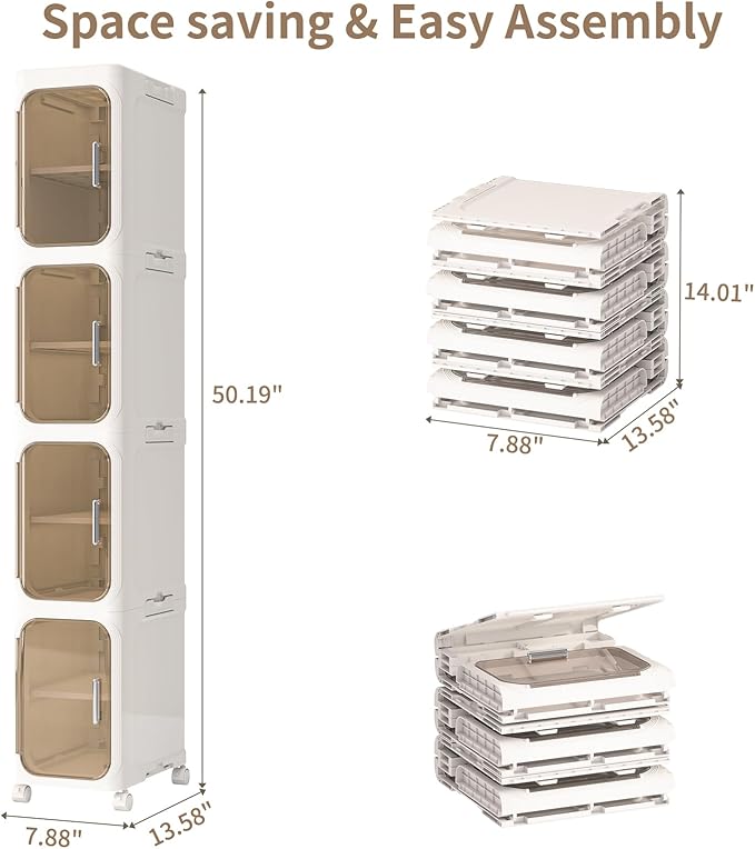 KHNR 4-Tiers Slim Bathroom Storage Cabinet, Foldable Storage Cabinets,Narrow Bathroom Storage,Movable Bathroom Storage Organizer for Small Spaces,Bathroom,Kitchen,Laundry,Cream White