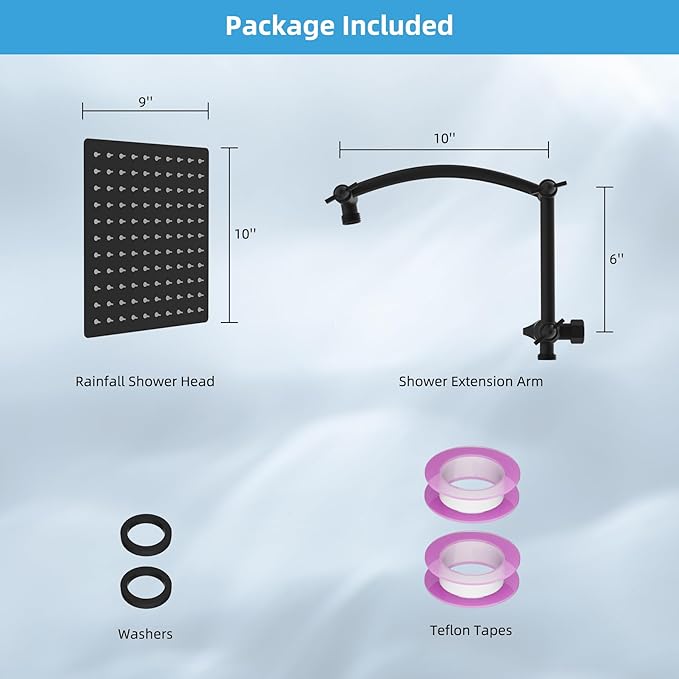 Hibbent All Metal cUPC Certified Rain Shower Head, 10'' High Pressure Rainfall Showerhead with 16" Shower Head Extension Arm, Solid Brass Adjustable Shower Arm Extender, fixed Showerheads, Matte Black