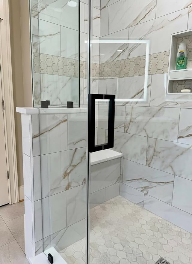 Shower Door Hardware Kit for Frameless Corner Shower Setup, Includes Hinges, Square Pull Handles, U-Clamps and Connector, for 5/16"–3/8" Glass, Bathtub or Standing Shower Use, Matte Black